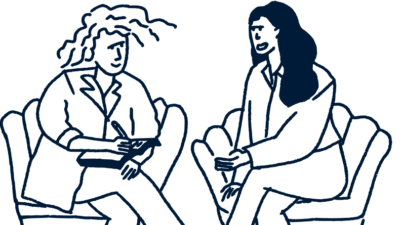 Illustration of two people sitting in chairs. One is appears to be taking notes and the other appears to be talking.